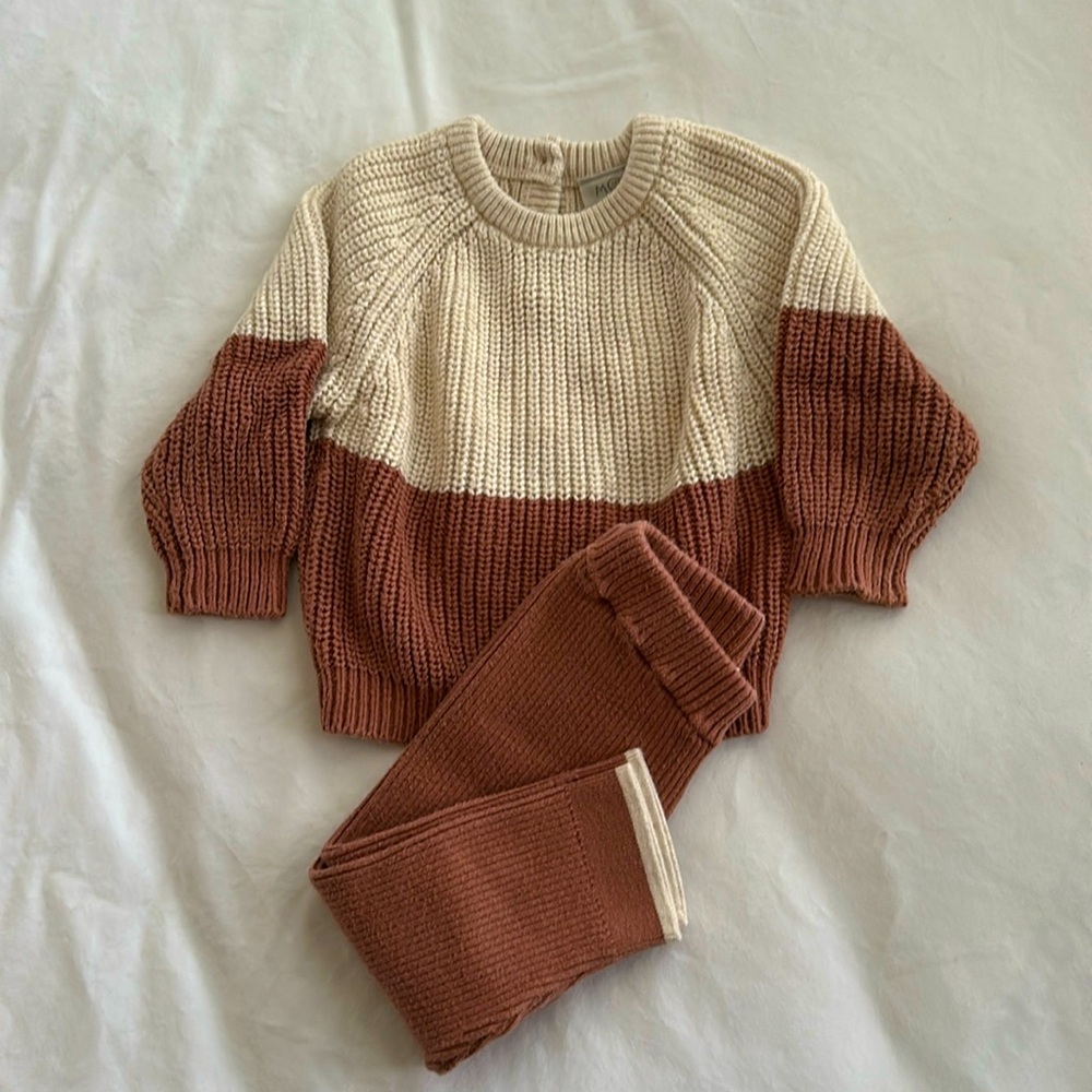 Baby MORI sweater & pant set. Neutrals thick & cozy for winter